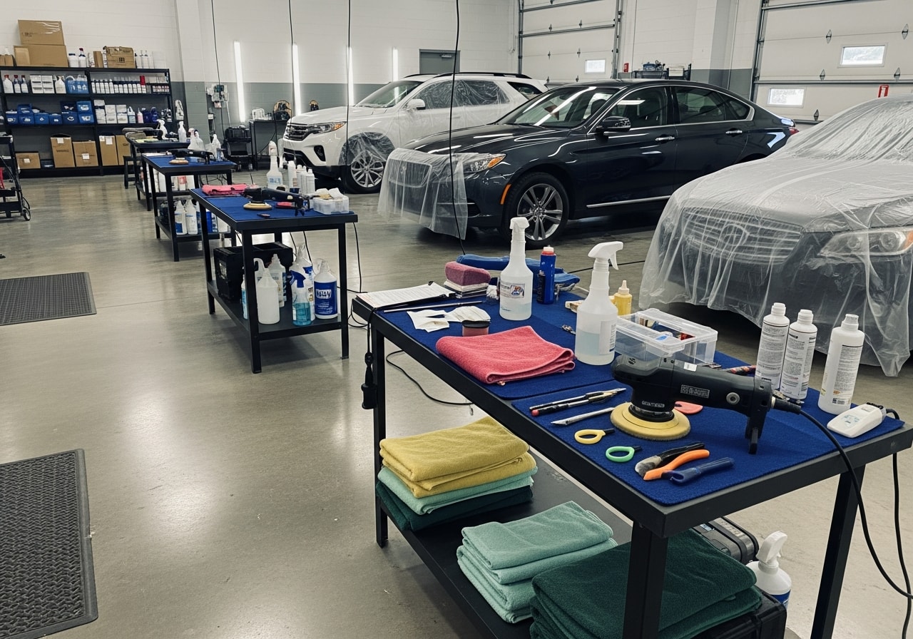 Professional auto detailing shop floor with vehicles in various stages of preparation, detailing tools, and equipment organized for precision work.