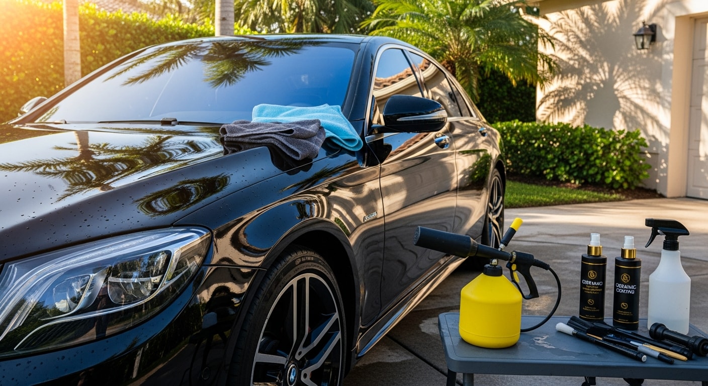 Professional auto detailing technician cleaning and polishing a vehicle