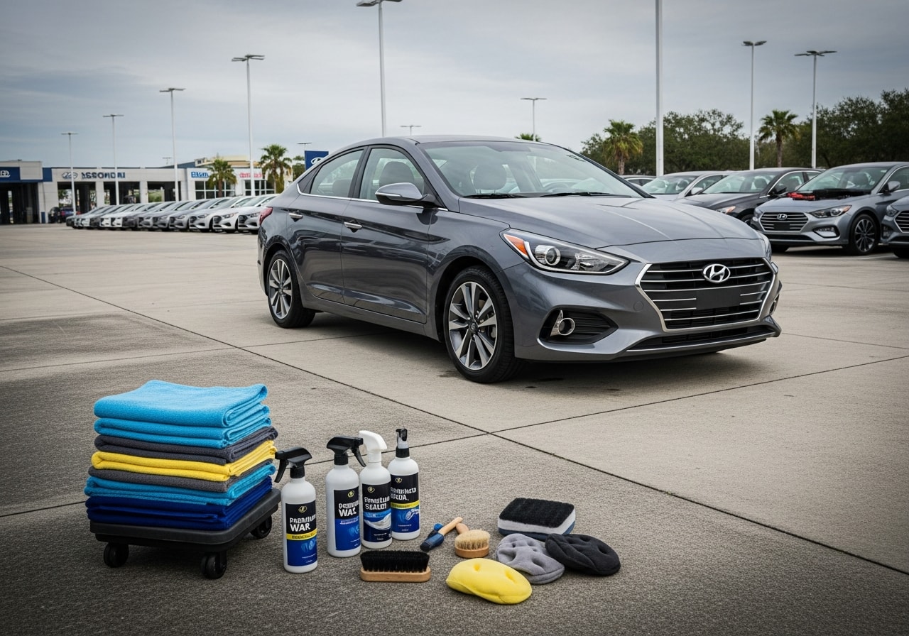 Rows of freshly detailed Hyundai vehicles on dealership lot in Jacksonville
