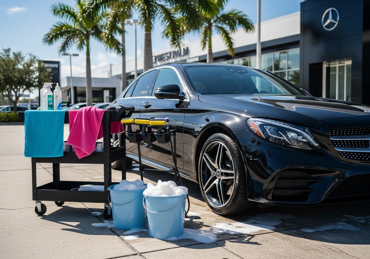 Row of freshly detailed Mercedes-Benz vehicles on dealership lot in West Palm Beach