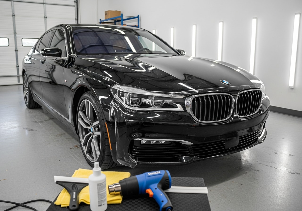 Glossy black BMW 7 Series with fresh paint protection film applied, Miami Lakes
