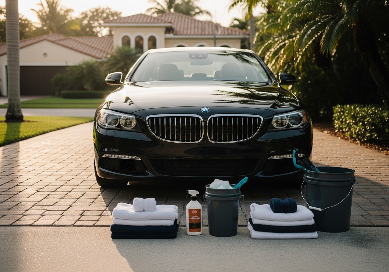 Luxury vehicles freshly detailed in a Coral Gables driveway