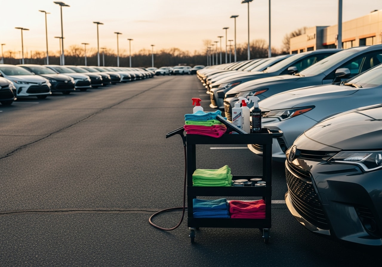 Toyota dealership lot with freshly detailed vehicles ready for sale in Nashville