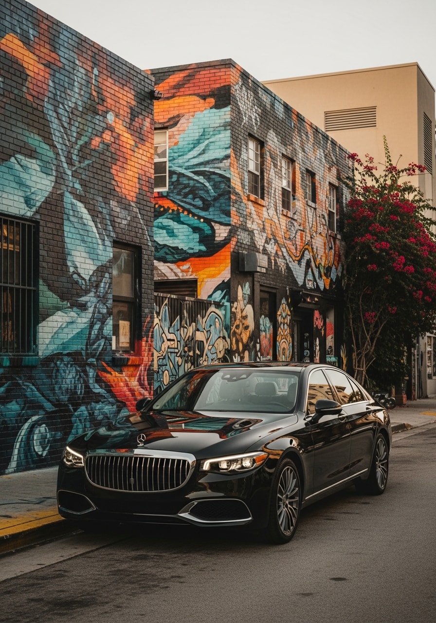 Wynwood Miami street with colorful murals and mixed-use residential and creative space buildings.