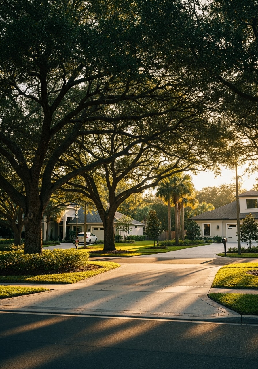 Orlando residential neighborhood with new construction homes and mature landscaping in suburban setting.