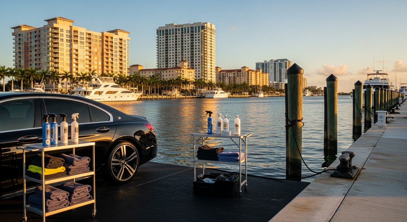 West Palm Beach downtown skyline with waterfront properties and mixed-use buildings along the Intracoastal Waterway.