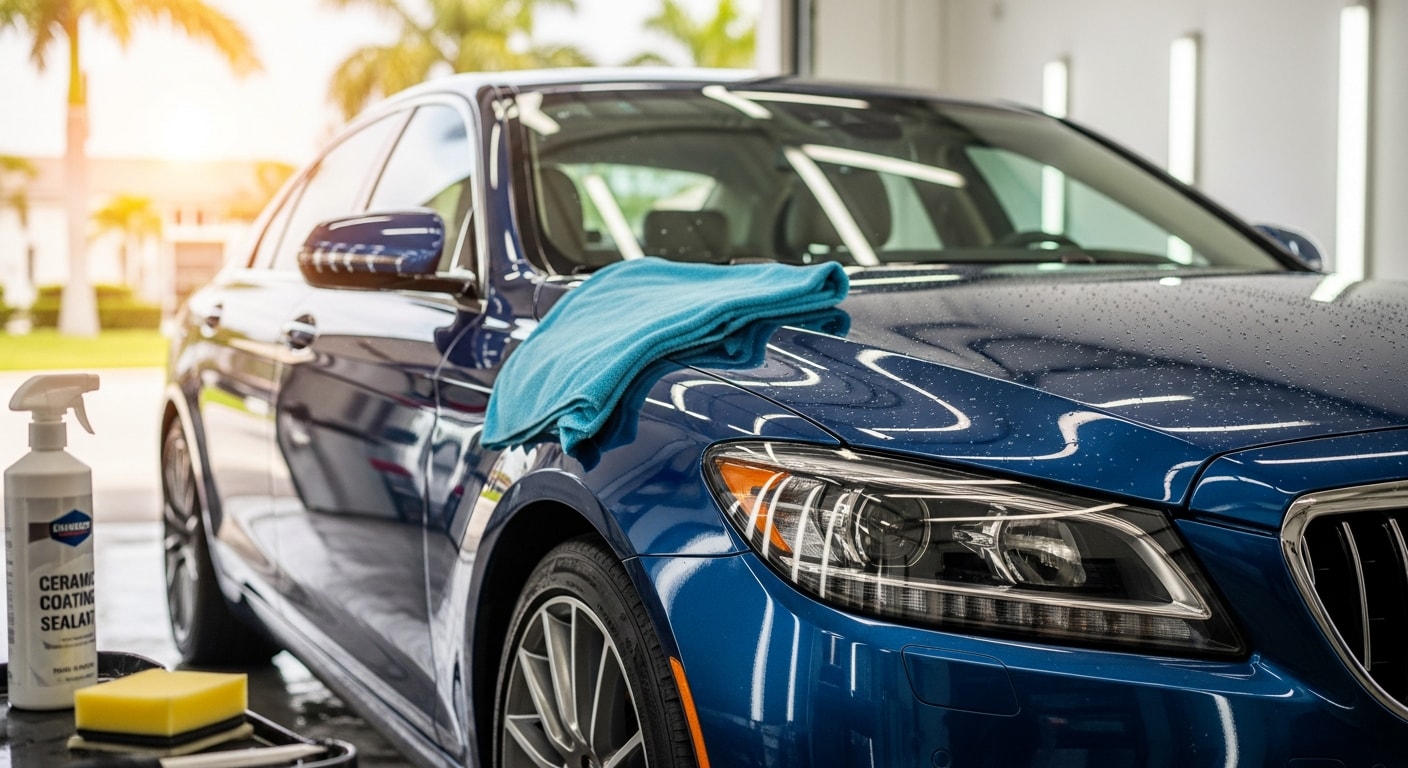 A freshly detailed sedan with clean, glossy paint and dressed tires parked in West Palm Beach, Florida. The exterior shows no water spots or salt residue after a full hand wash and protective wax application by Autowax of South Florida.