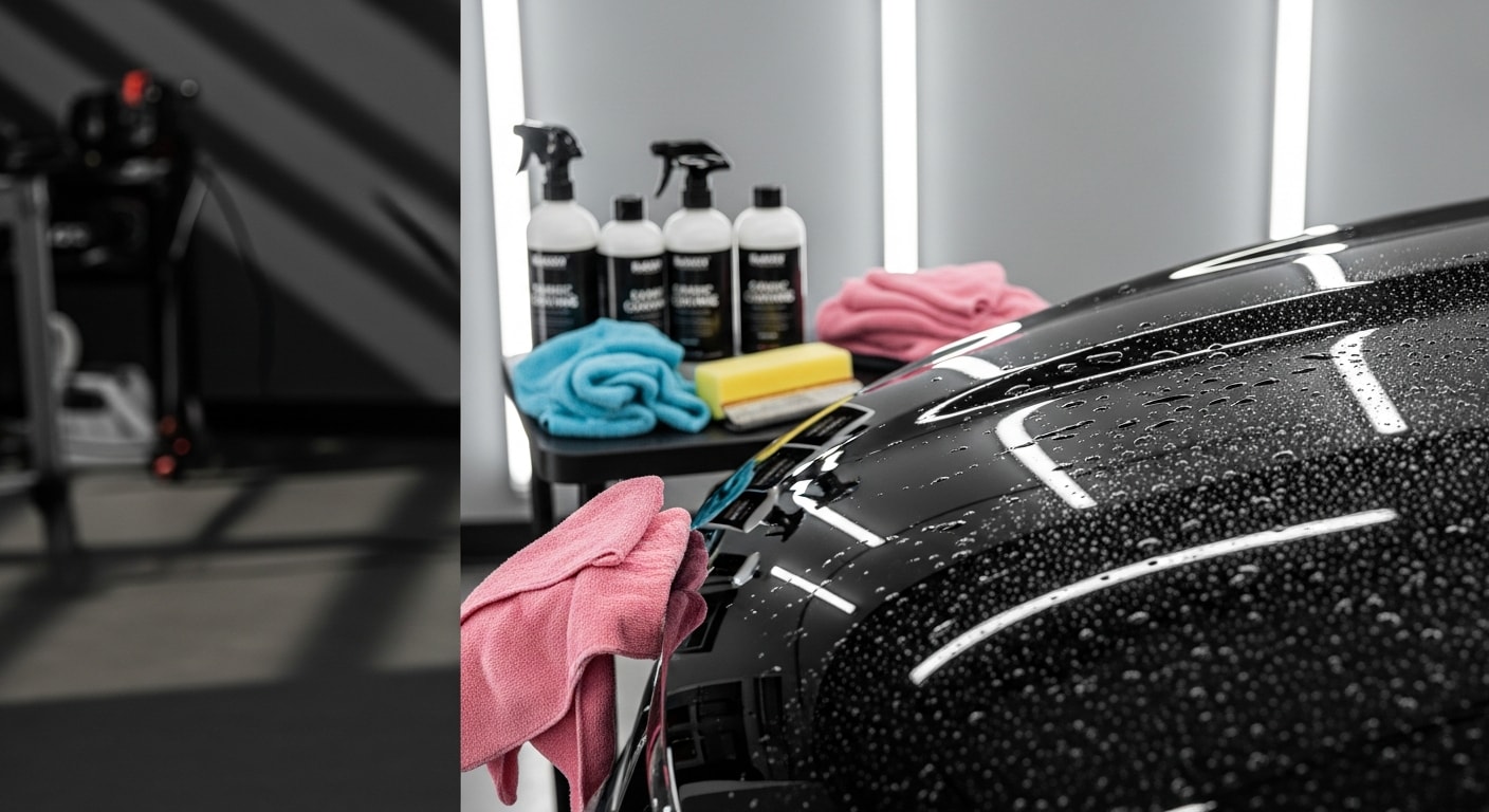 A dark-colored sedan with a deep, glossy ceramic coating finish parked outdoors in West Palm Beach, Florida, with water beading on the hood under bright sunlight. Close-up shows the mirror-like reflection and hydrophobic water beads across the freshly coated paint surface.