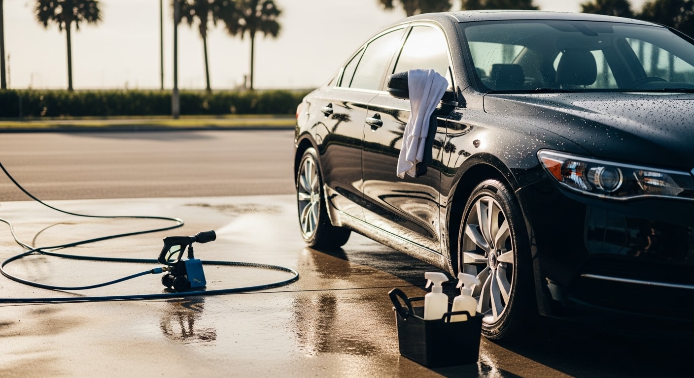 A row of clean corporate fleet vehicles parked outside a West Palm Beach business facility after professional detailing by Autowax of South Florida. Each vehicle shows a polished exterior finish with no visible water spots, salt residue, or surface contamination.