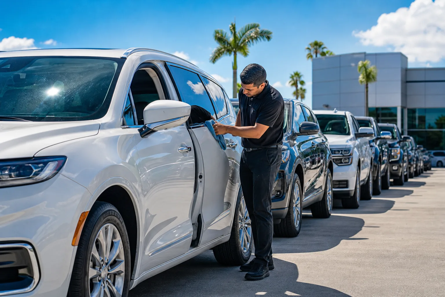 A row of clean dealership inventory vehicles on a West Palm Beach auto lot, with polished paint, dressed tires, and clear glass reflecting the South Florida sky. A detail technician from Autowax of South Florida works along the vehicle line, wiping down door jambs and trim.