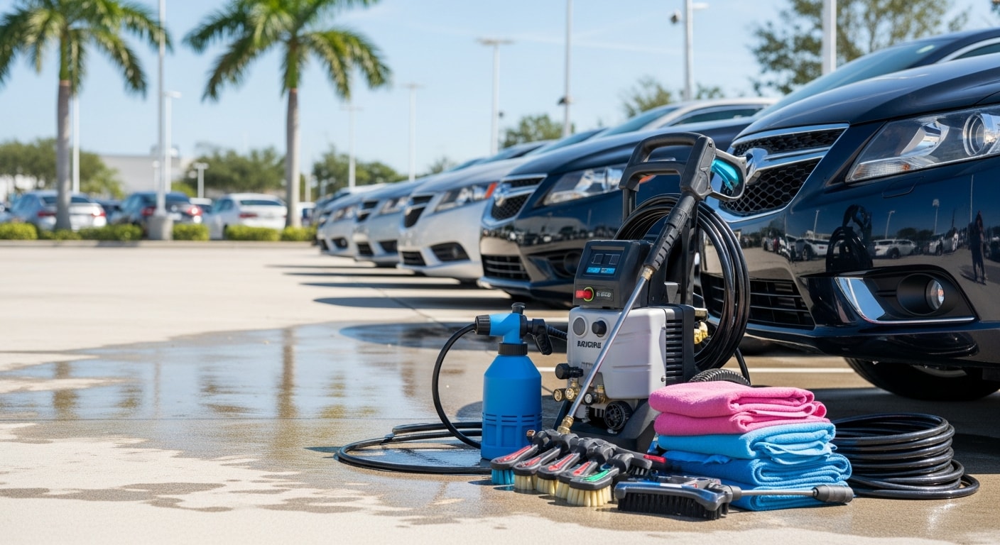 A row of clean, freshly detailed vehicles on a West Palm Beach auto dealership lot, with tires dressed and paint free of water spots. A technician works on the exterior of a sedan in the foreground under bright Florida sunlight.