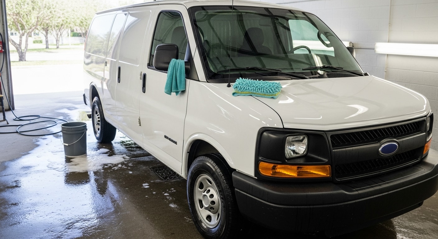 A row of clean commercial fleet vehicles parked outdoors after professional auto detailing by Autowax of South Florida in West Palm Beach, Florida. Exterior paint is free of water spots and road grime, with tires dressed and trim restored.