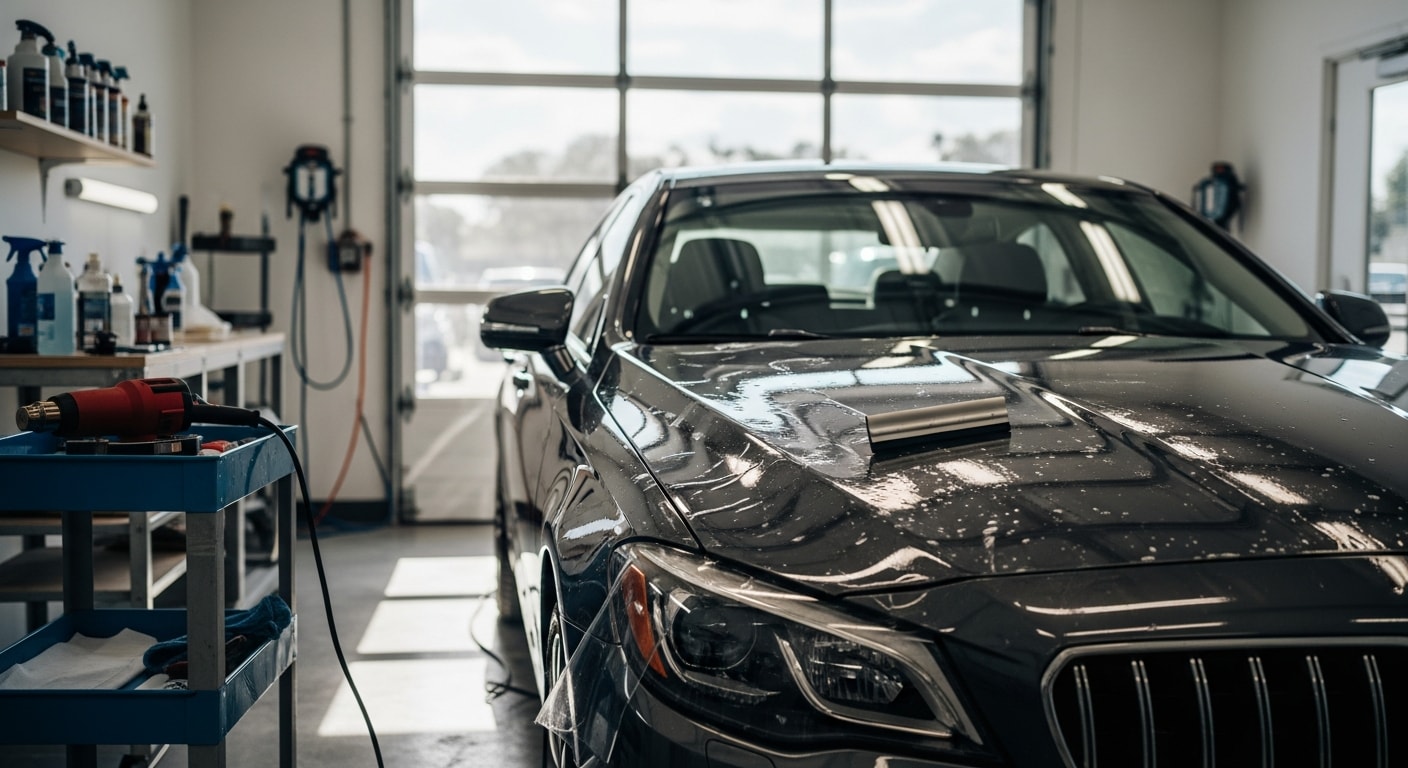 A dark-colored sedan with full-body paint protection film applied, parked outdoors in West Palm Beach, Florida, showing a clean, glossy finish across all painted panels. Close-up view of the hood and front bumper reveals a smooth, clear film surface with no visible chips or fading.