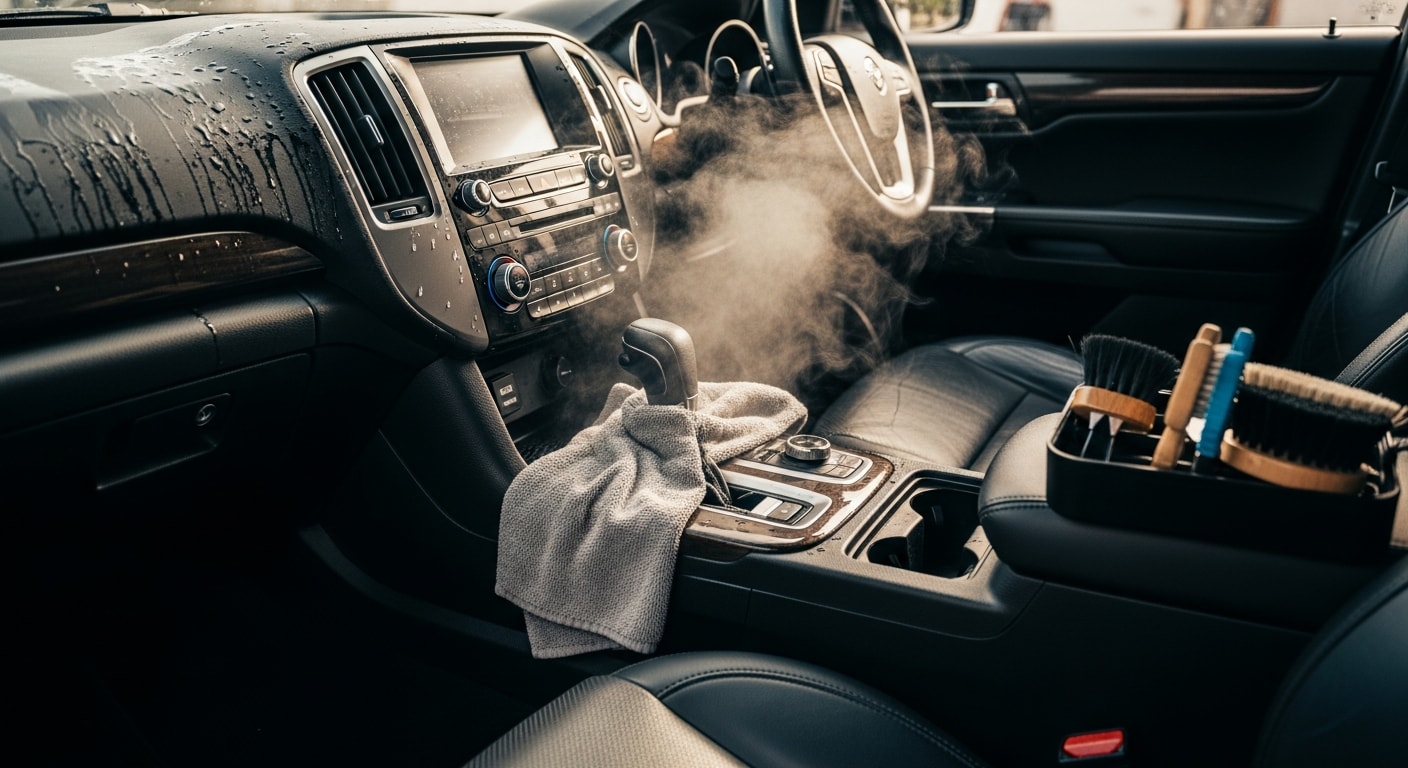 A professionally detailed car interior in West Palm Beach showing clean seats, vacuumed carpets, and wiped-down dashboard and door panels. The cabin shows no visible sand, stains, or residue after a full interior auto detailing service by Autowax of South Florida.