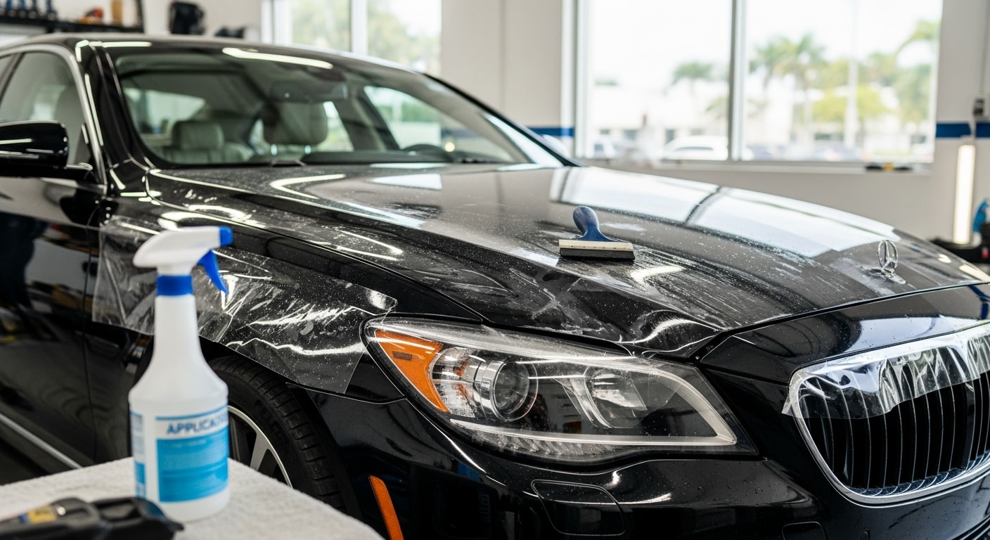 A freshly installed clear paint protection film on the hood and front bumper of a dark-colored sedan at Autowax of South Florida in West Palm Beach. The film is smooth and nearly invisible, with the vehicle parked in a well-lit professional installation bay.