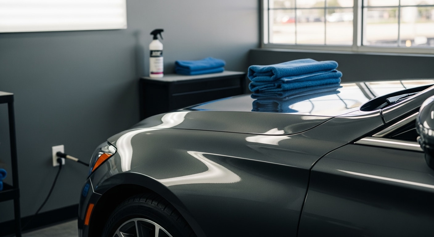 A dark-colored sedan with a freshly applied paint sealant reflecting the West Palm Beach sky, showing a glossy, water-beading finish on the hood and door panels. The vehicle is photographed outdoors at an Autowax of South Florida detail bay after a professional sealant service.