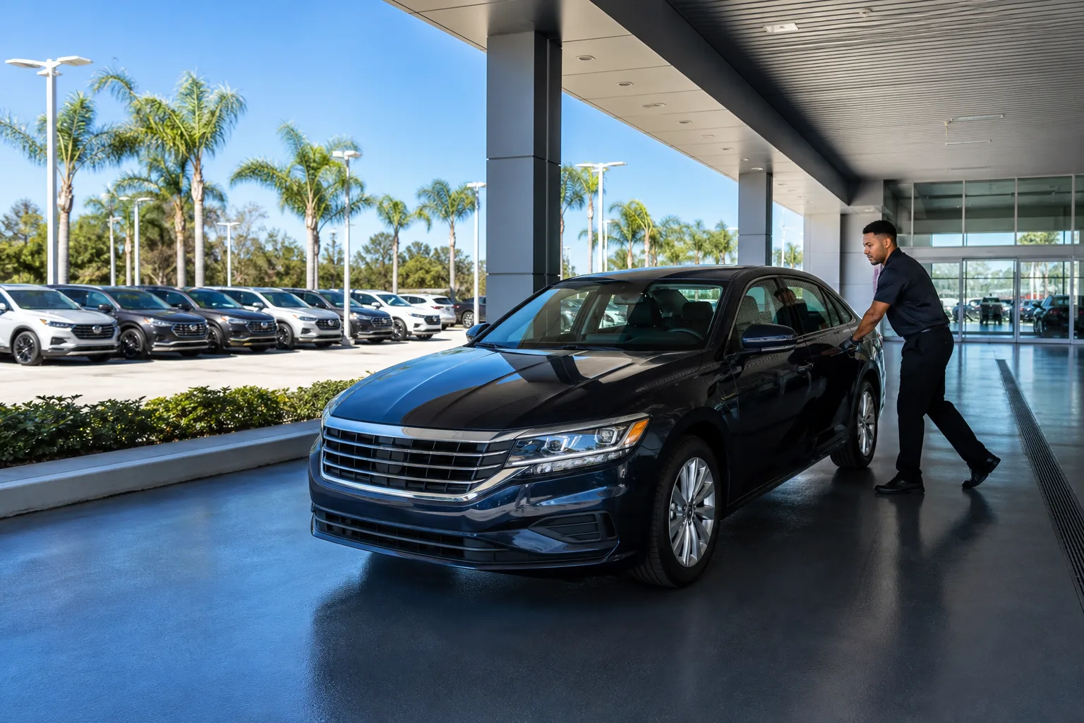A uniformed porter moving a customer vehicle through the service lane of an auto dealership in West Palm Beach, Florida. The dealership lot in the background shows vehicles staged in clean, organized rows under a bright South Florida sky.