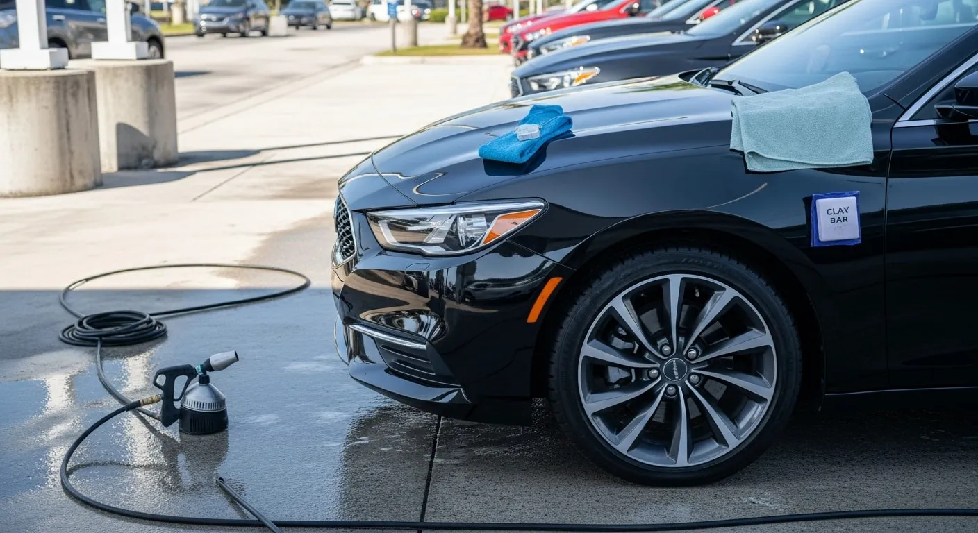 A freshly reconditioned vehicle with restored exterior paint and clean interior surfaces at an Autowax of South Florida service bay in West Palm Beach. The vehicle shows no visible scratches, scuffs, or oxidation, reflecting the lot-ready finish typical of professional dealership reconditioning in South Florida's coastal climate.