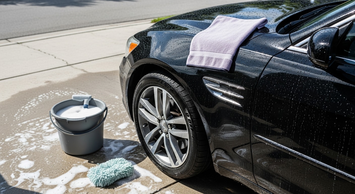 A dark-colored sedan with a freshly applied wax finish reflecting clear blue sky at an auto detailing shop in West Palm Beach, Florida. The paint surface shows no water spots or salt residue after a professional vehicle wash and wax service.